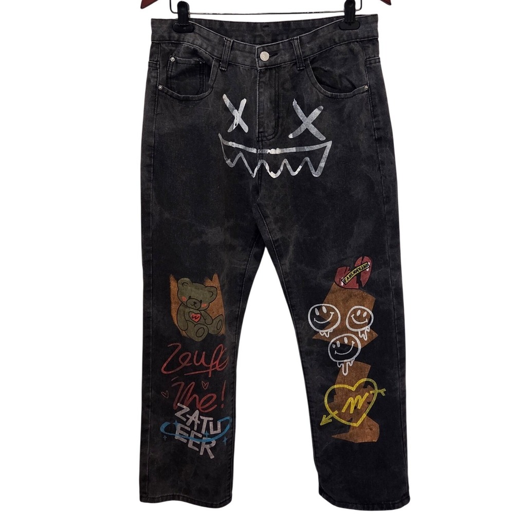 Unbranded Streetwear Graphic Jeans Straight Leg Washed Black Graffiti Waist 32